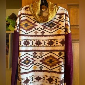 Lovely Melody Aztec Cowl Neck Sweater - Burgundy, Mustard & Cream